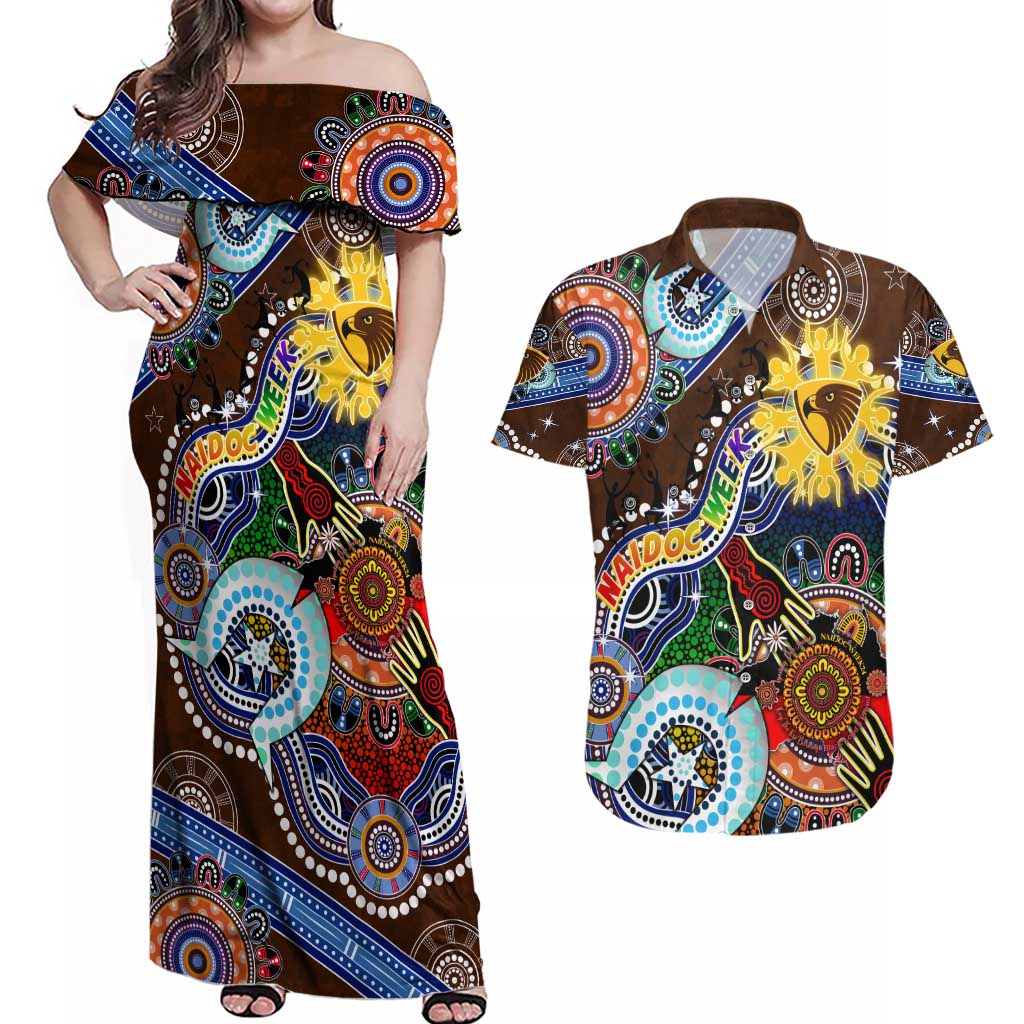 Custom NAIDOC Week 2024 Hawthorn Hawks Couples Matching Off Shoulder Maxi Dress and Hawaiian Shirt Australia Aboriginal Dot Painting