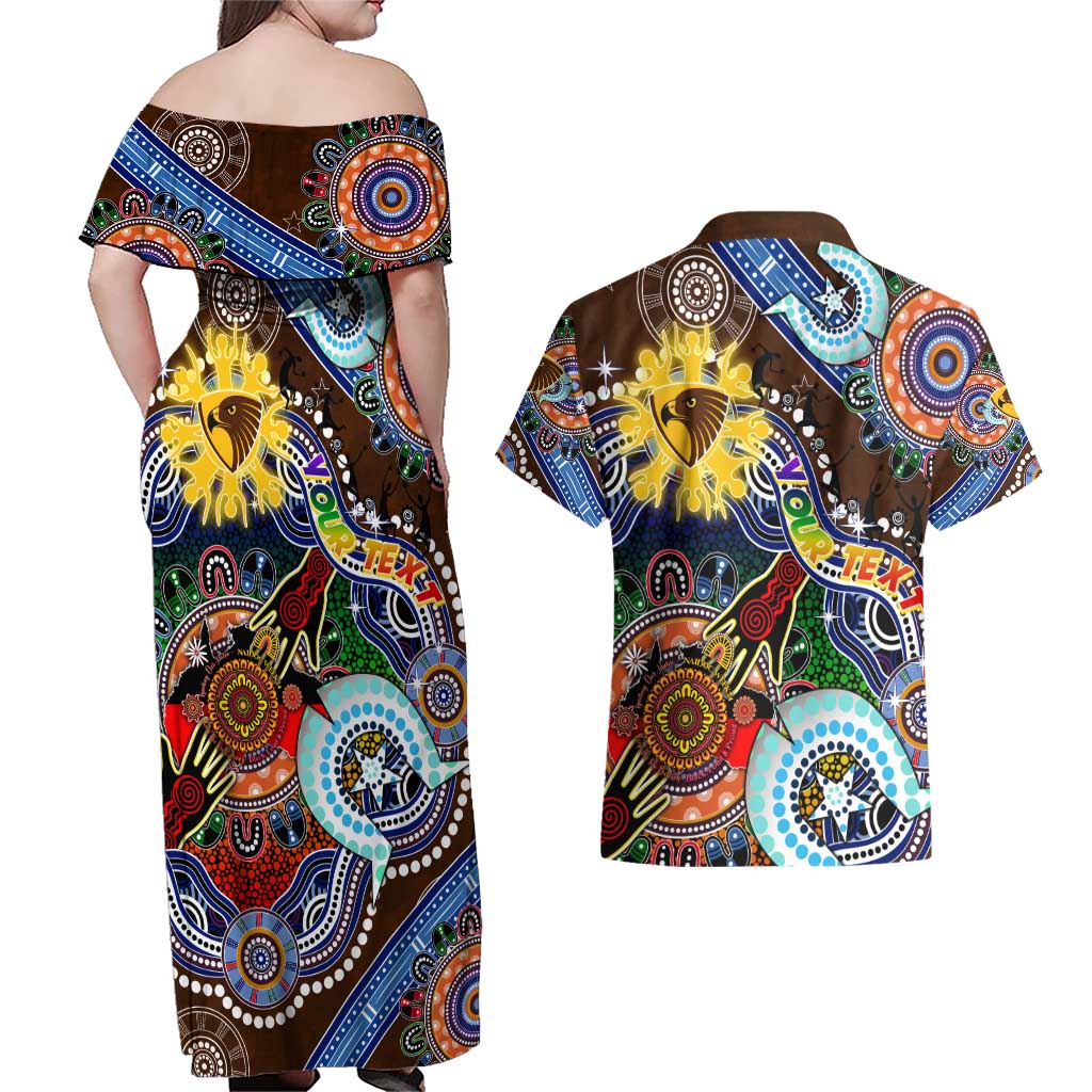 Custom NAIDOC Week 2024 Hawthorn Hawks Couples Matching Off Shoulder Maxi Dress and Hawaiian Shirt Australia Aboriginal Dot Painting