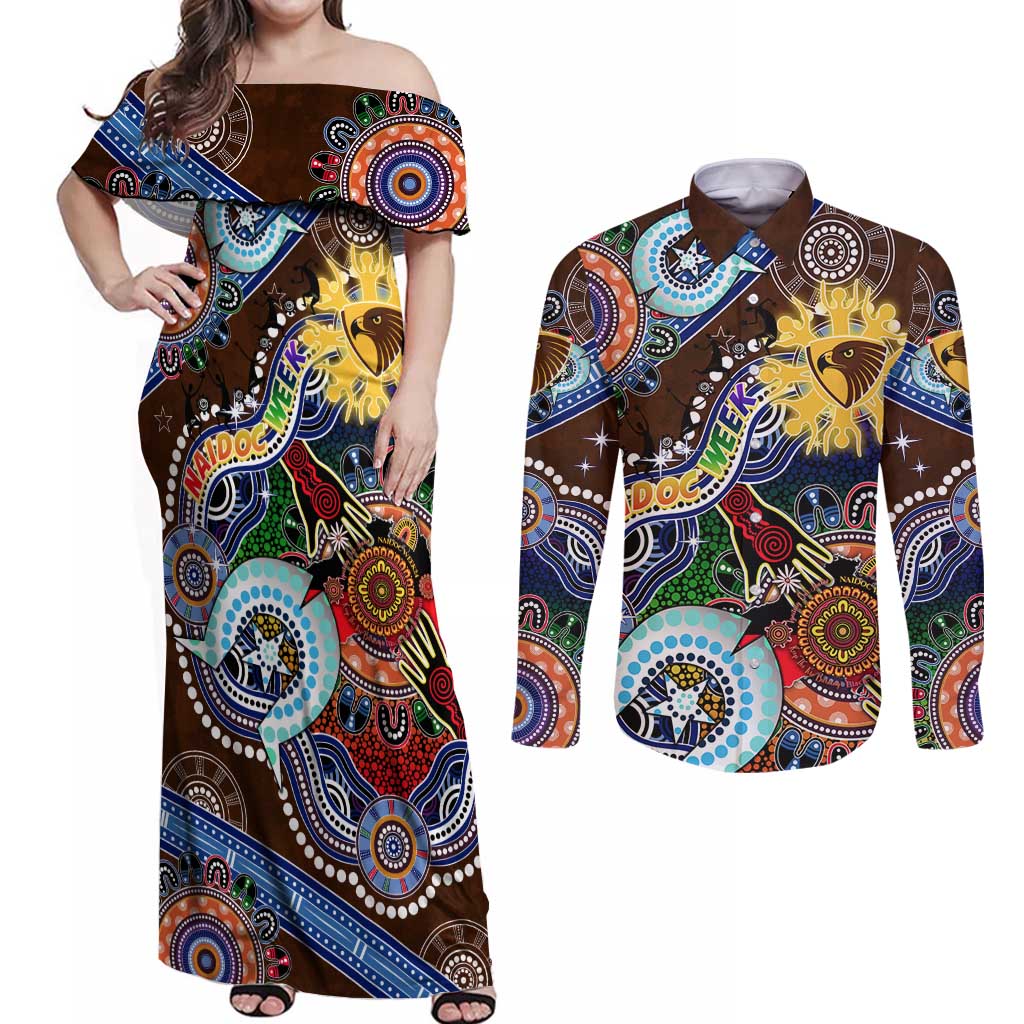 Custom NAIDOC Week 2024 Hawthorn Hawks Couples Matching Off Shoulder Maxi Dress and Long Sleeve Button Shirt Australia Aboriginal Dot Painting