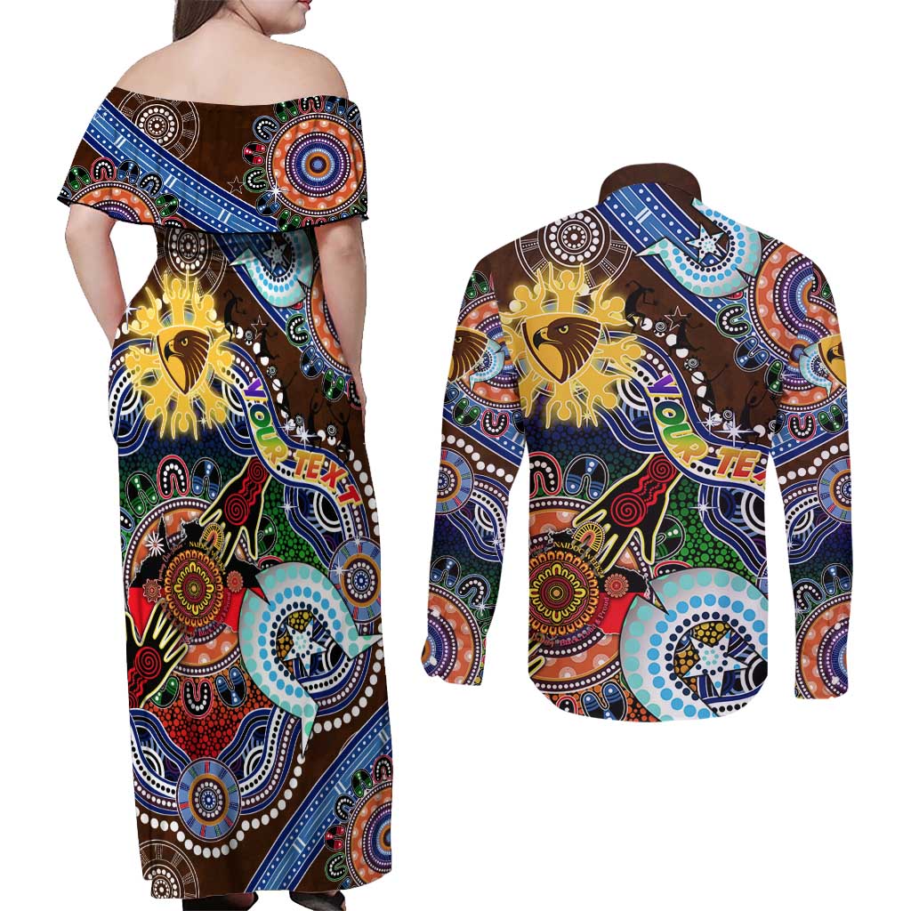 Custom NAIDOC Week 2024 Hawthorn Hawks Couples Matching Off Shoulder Maxi Dress and Long Sleeve Button Shirt Australia Aboriginal Dot Painting
