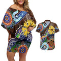 Custom NAIDOC Week 2024 Hawthorn Hawks Couples Matching Off Shoulder Short Dress and Hawaiian Shirt Australia Aboriginal Dot Painting