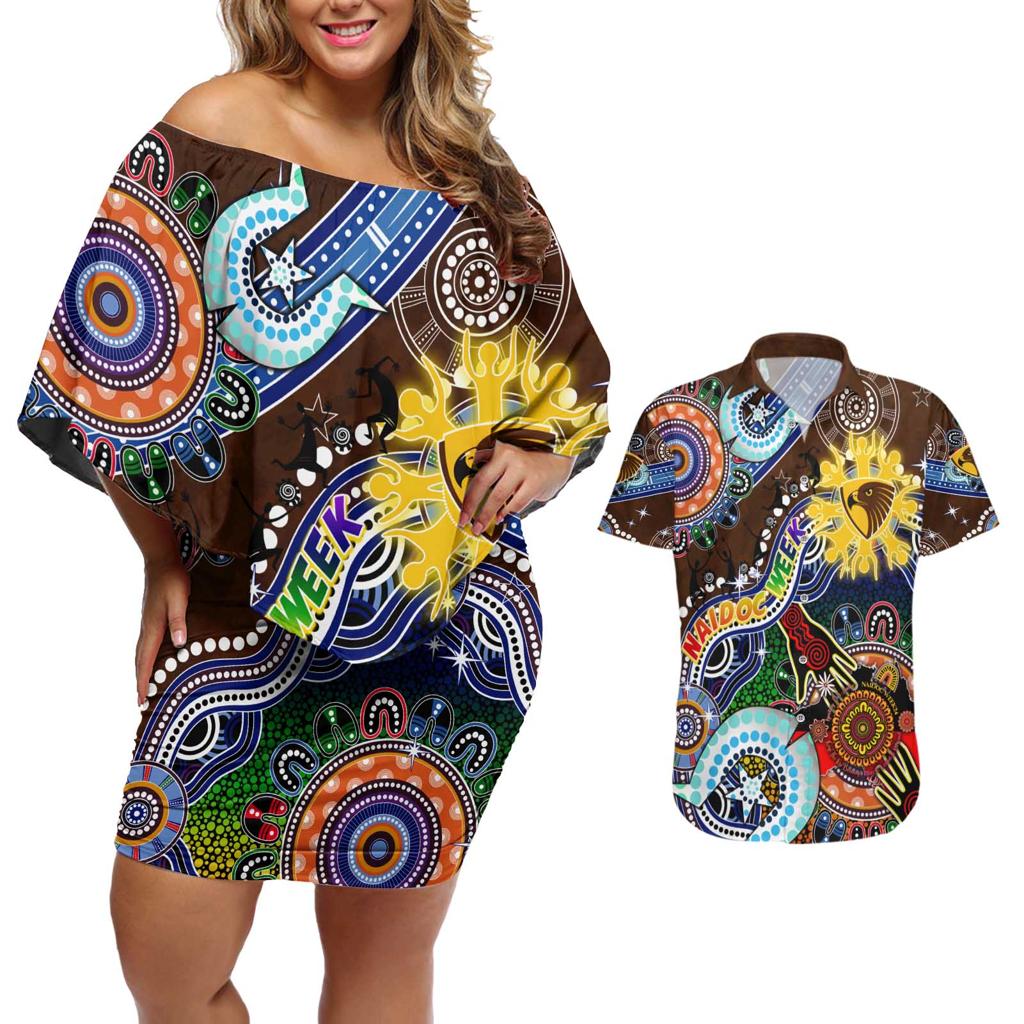 Custom NAIDOC Week 2024 Hawthorn Hawks Couples Matching Off Shoulder Short Dress and Hawaiian Shirt Australia Aboriginal Dot Painting