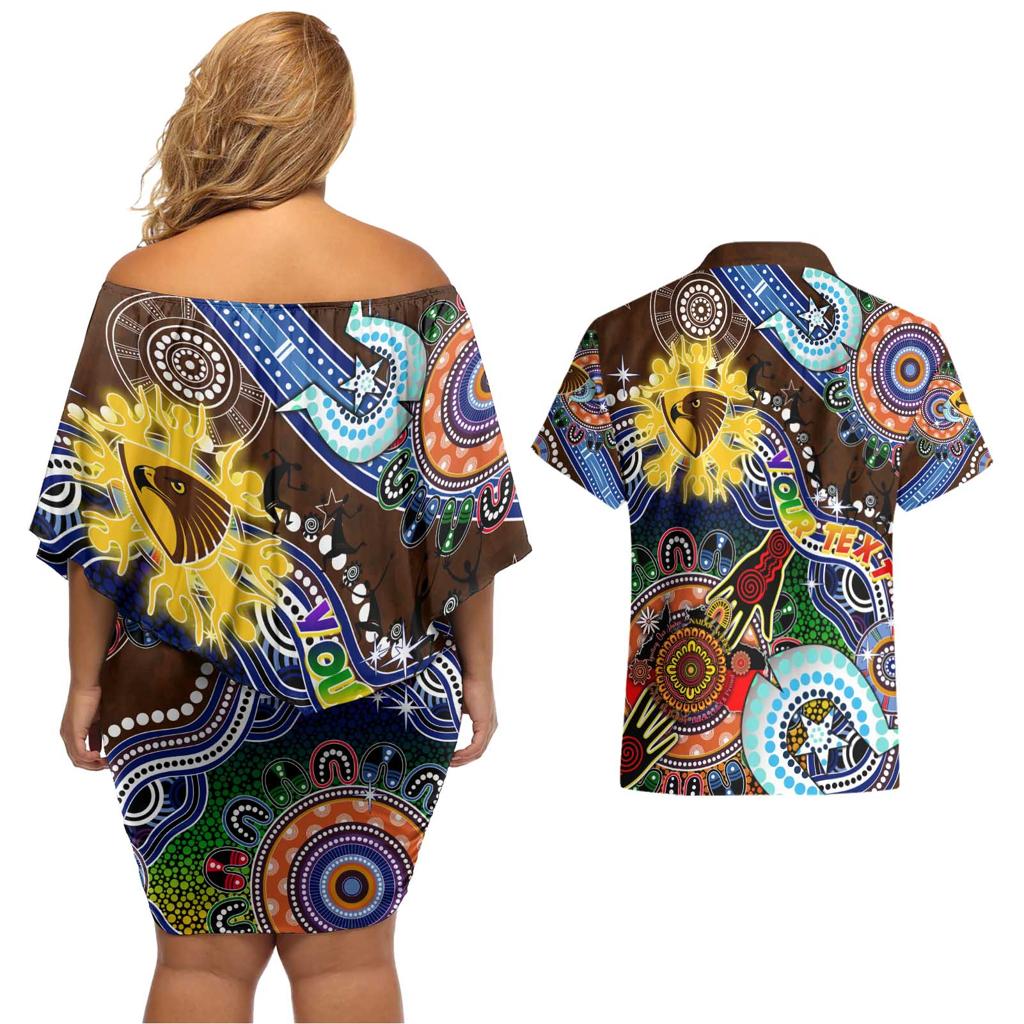Custom NAIDOC Week 2024 Hawthorn Hawks Couples Matching Off Shoulder Short Dress and Hawaiian Shirt Australia Aboriginal Dot Painting