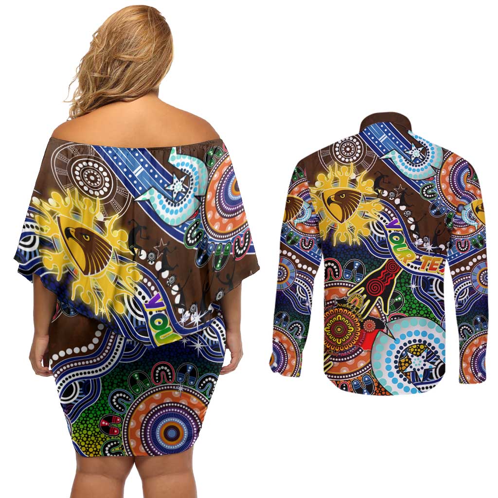 Custom NAIDOC Week 2024 Hawthorn Hawks Couples Matching Off Shoulder Short Dress and Long Sleeve Button Shirt Australia Aboriginal Dot Painting