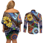 Custom NAIDOC Week 2024 Hawthorn Hawks Couples Matching Off Shoulder Short Dress and Long Sleeve Button Shirt Australia Aboriginal Dot Painting