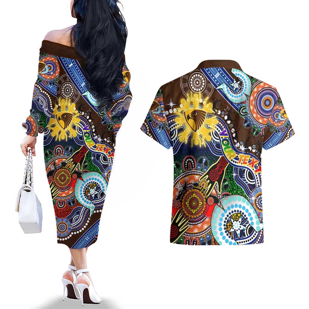 Custom NAIDOC Week 2024 Hawthorn Hawks Couples Matching Off The Shoulder Long Sleeve Dress and Hawaiian Shirt Australia Aboriginal Dot Painting
