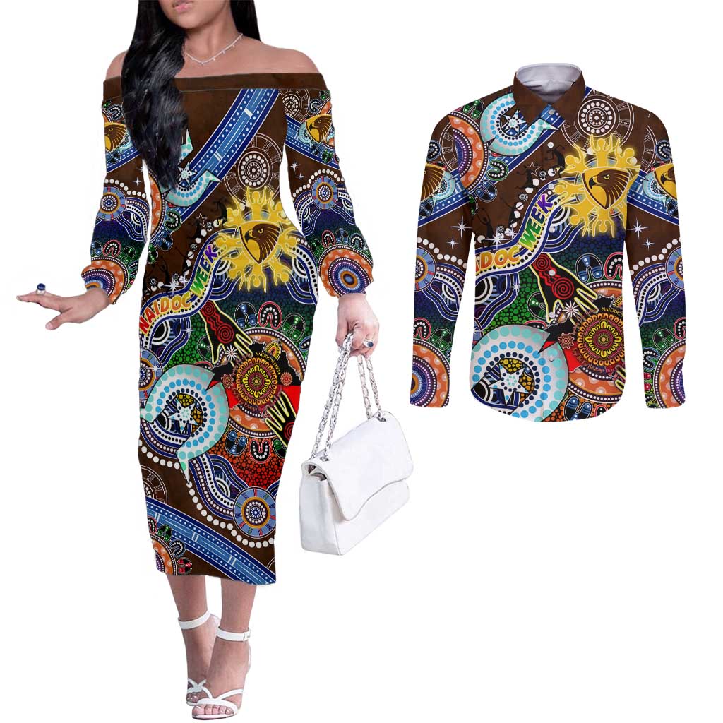 Custom NAIDOC Week 2024 Hawthorn Hawks Couples Matching Off The Shoulder Long Sleeve Dress and Long Sleeve Button Shirt Australia Aboriginal Dot Painting