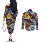 Custom NAIDOC Week 2024 Hawthorn Hawks Couples Matching Off The Shoulder Long Sleeve Dress and Long Sleeve Button Shirt Australia Aboriginal Dot Painting