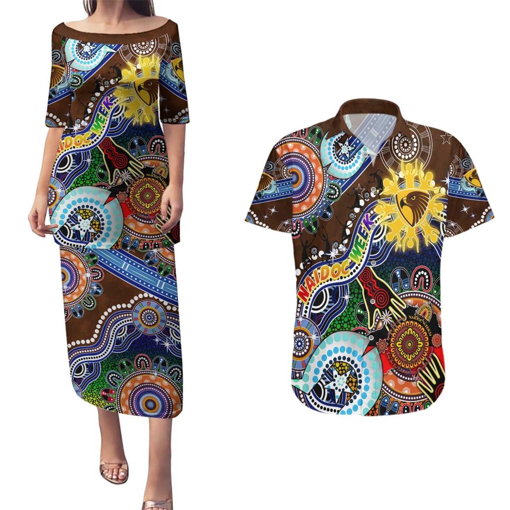 Custom NAIDOC Week 2024 Hawthorn Hawks Couples Matching Puletasi and Hawaiian Shirt Australia Aboriginal Dot Painting