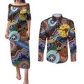 Custom NAIDOC Week 2024 Hawthorn Hawks Couples Matching Puletasi and Long Sleeve Button Shirt Australia Aboriginal Dot Painting