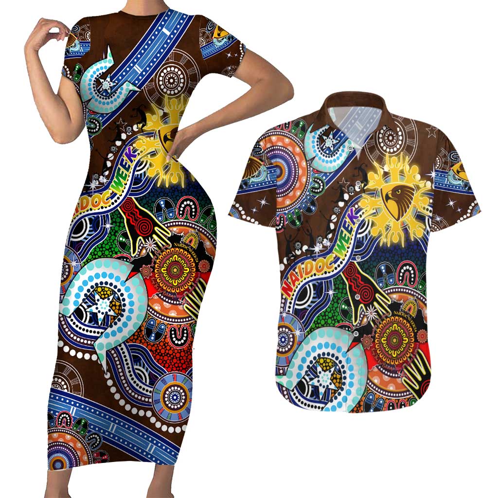 Custom NAIDOC Week 2024 Hawthorn Hawks Couples Matching Short Sleeve Bodycon Dress and Hawaiian Shirt Australia Aboriginal Dot Painting