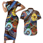 Custom NAIDOC Week 2024 Hawthorn Hawks Couples Matching Short Sleeve Bodycon Dress and Hawaiian Shirt Australia Aboriginal Dot Painting