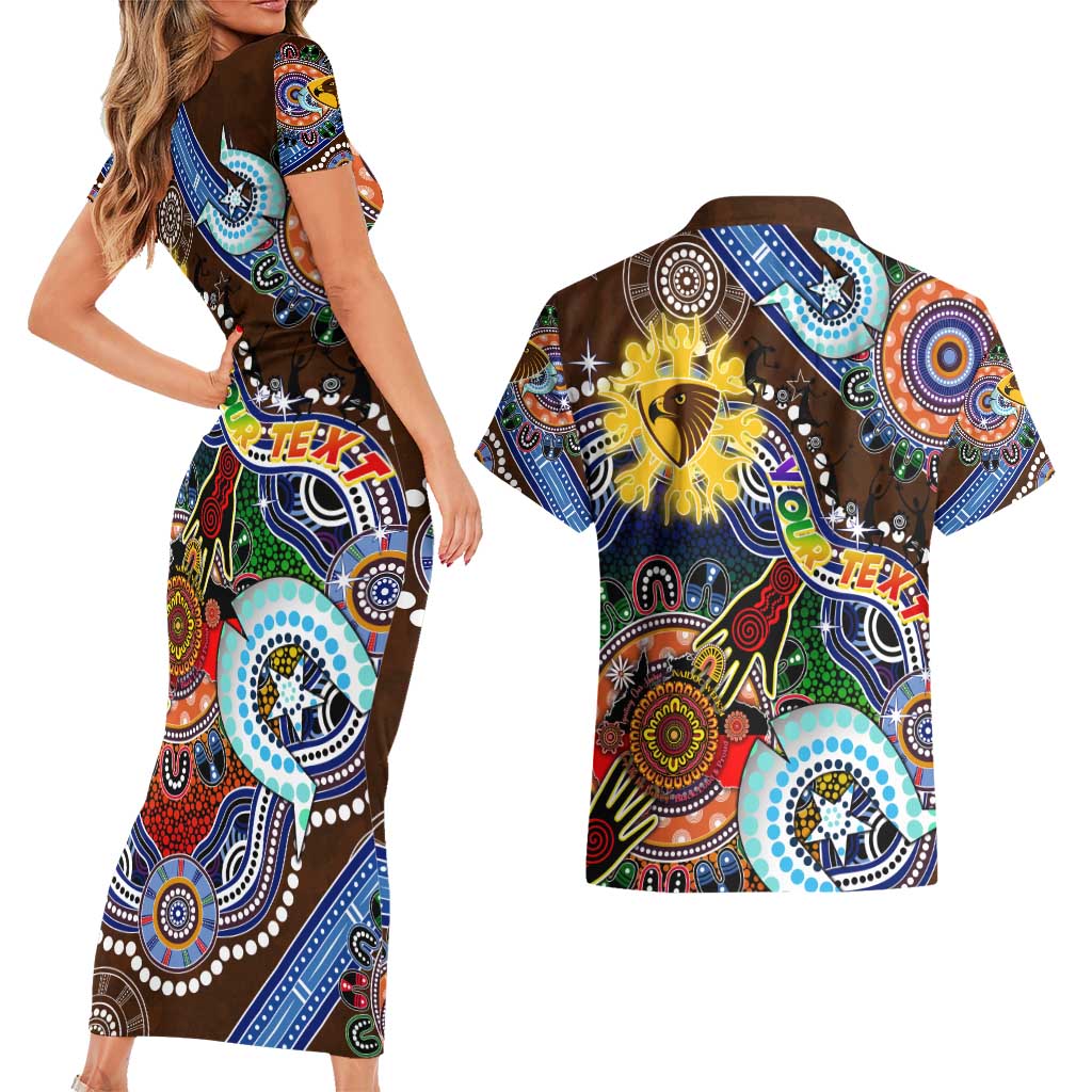 Custom NAIDOC Week 2024 Hawthorn Hawks Couples Matching Short Sleeve Bodycon Dress and Hawaiian Shirt Australia Aboriginal Dot Painting