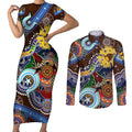 Custom NAIDOC Week 2024 Hawthorn Hawks Couples Matching Short Sleeve Bodycon Dress and Long Sleeve Button Shirt Australia Aboriginal Dot Painting