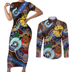 Custom NAIDOC Week 2024 Hawthorn Hawks Couples Matching Short Sleeve Bodycon Dress and Long Sleeve Button Shirt Australia Aboriginal Dot Painting