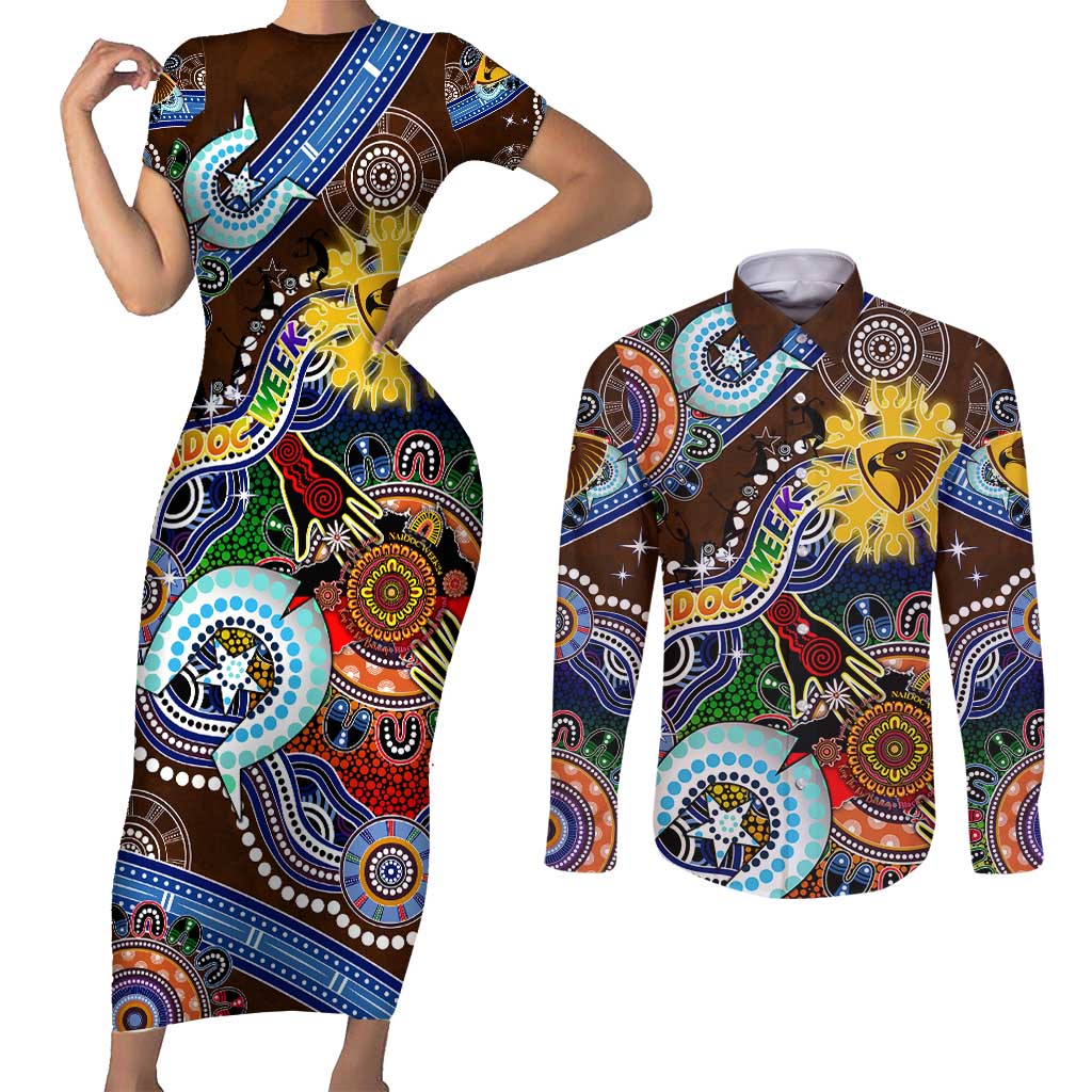 Custom NAIDOC Week 2024 Hawthorn Hawks Couples Matching Short Sleeve Bodycon Dress and Long Sleeve Button Shirt Australia Aboriginal Dot Painting