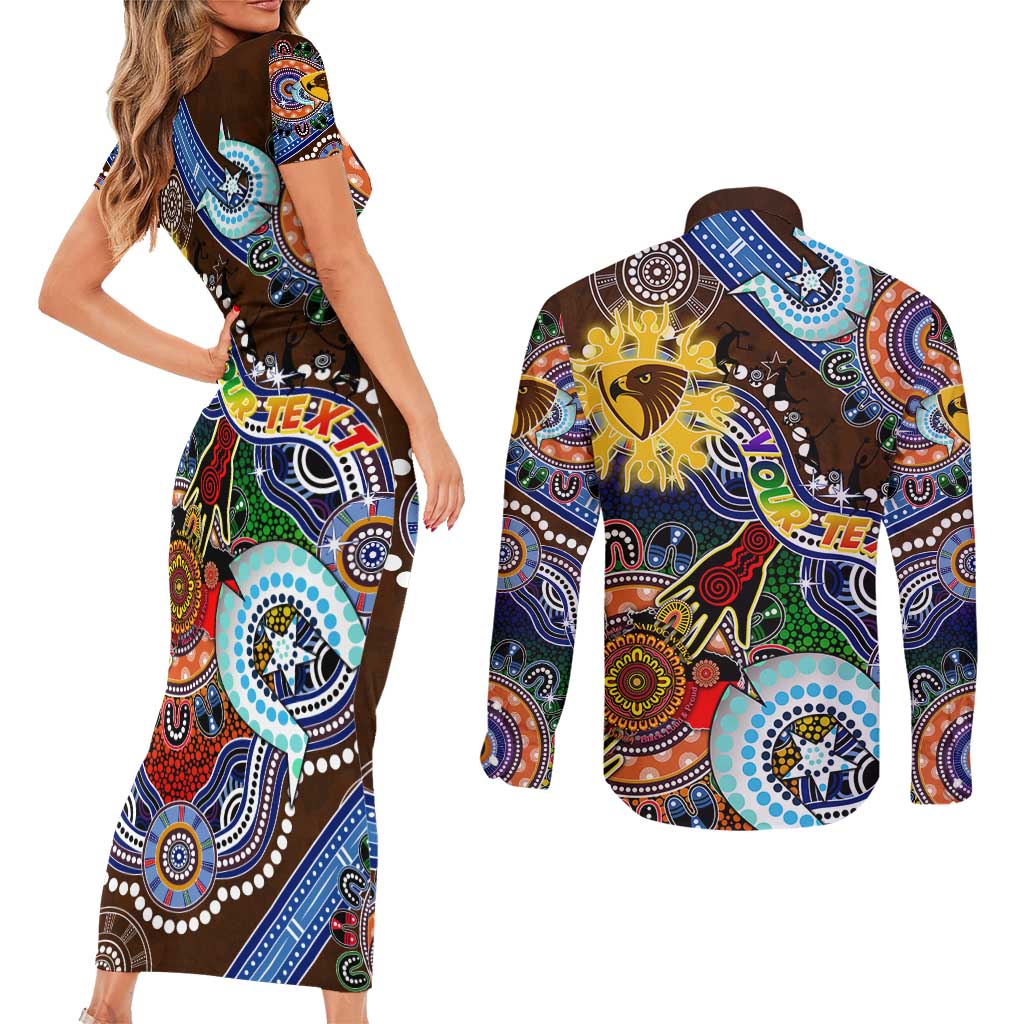 Custom NAIDOC Week 2024 Hawthorn Hawks Couples Matching Short Sleeve Bodycon Dress and Long Sleeve Button Shirt Australia Aboriginal Dot Painting