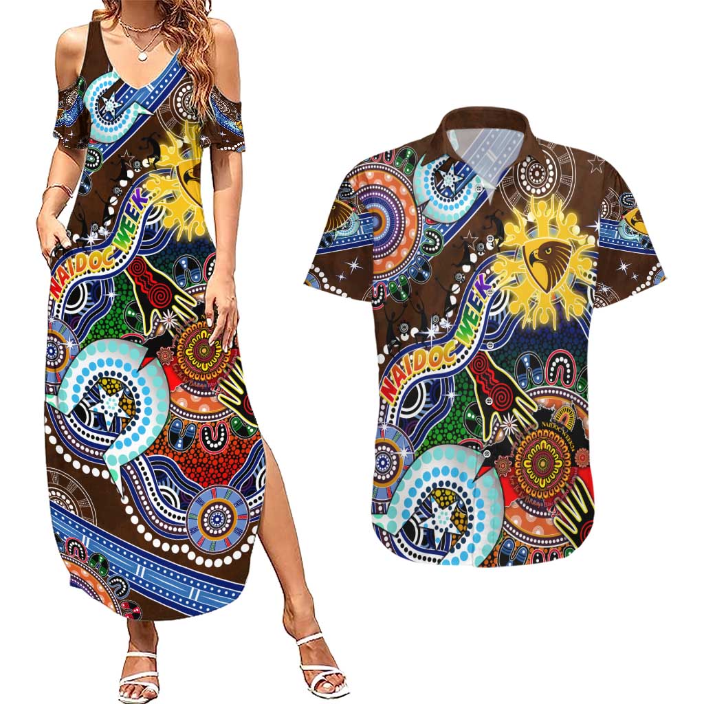 Custom NAIDOC Week 2024 Hawthorn Hawks Couples Matching Summer Maxi Dress and Hawaiian Shirt Australia Aboriginal Dot Painting