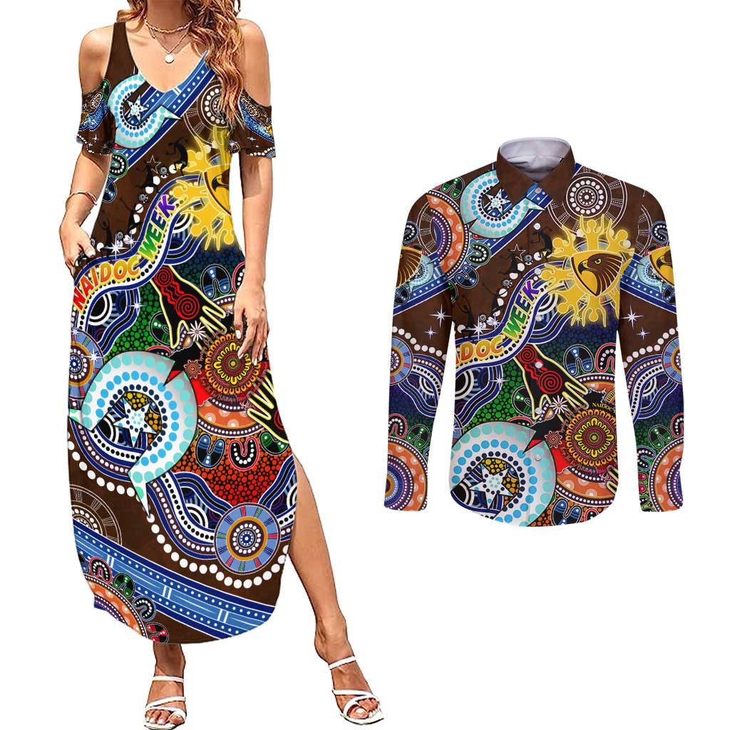 Custom NAIDOC Week 2024 Hawthorn Hawks Couples Matching Summer Maxi Dress and Long Sleeve Button Shirt Australia Aboriginal Dot Painting