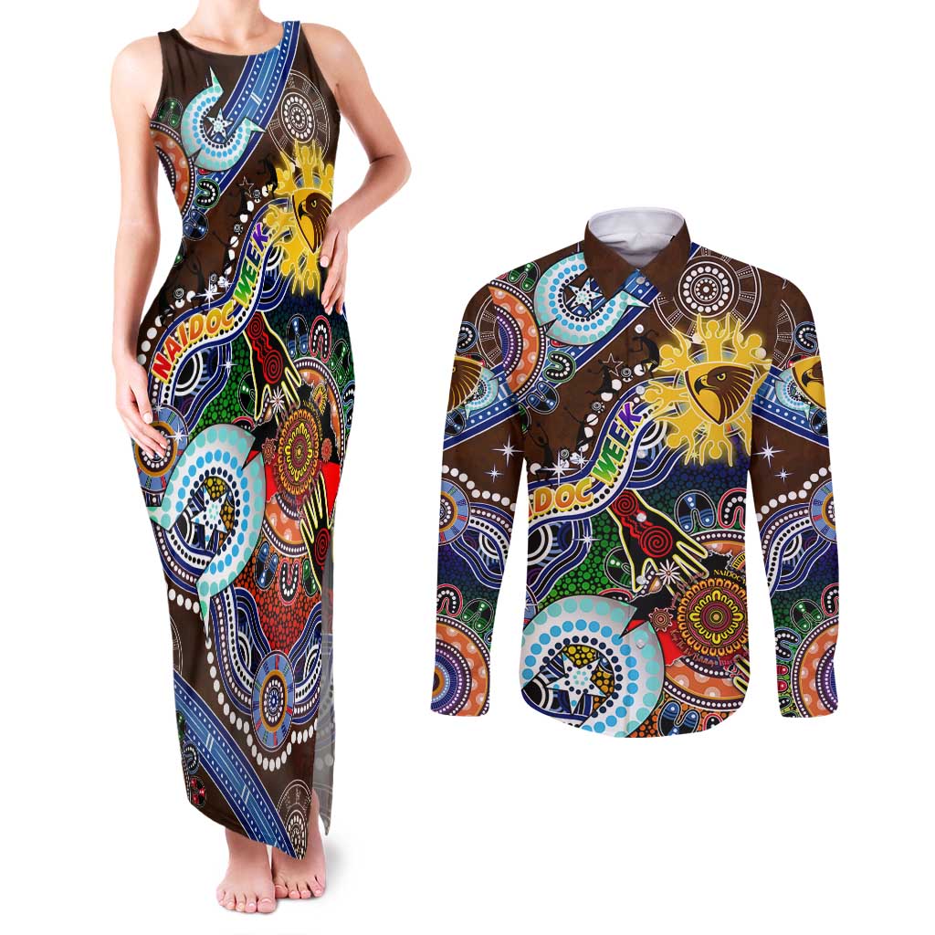 Custom NAIDOC Week 2024 Hawthorn Hawks Couples Matching Tank Maxi Dress and Long Sleeve Button Shirt Australia Aboriginal Dot Painting
