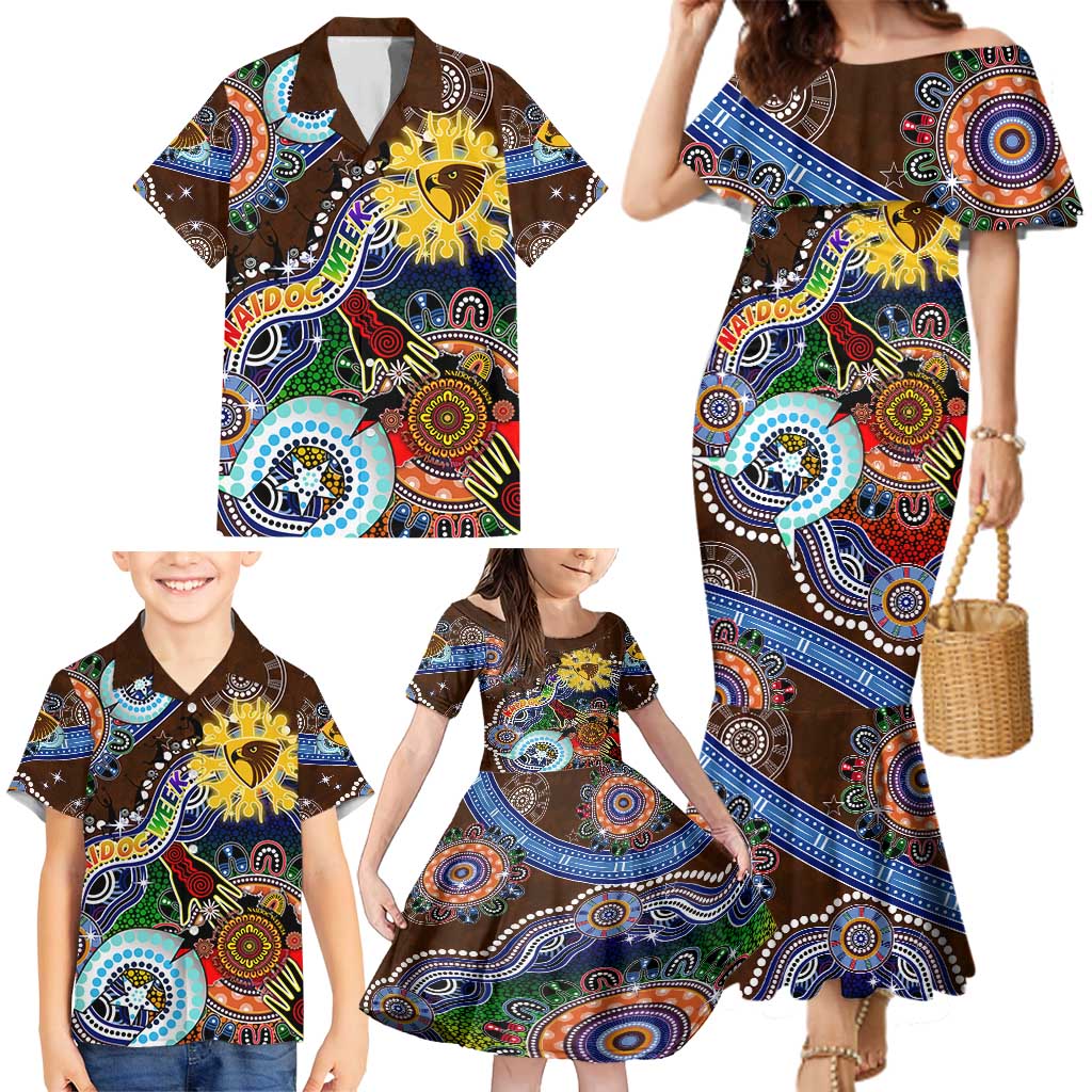 Custom NAIDOC Week 2024 Hawthorn Hawks Family Matching Mermaid Dress and Hawaiian Shirt Australia Aboriginal Dot Painting