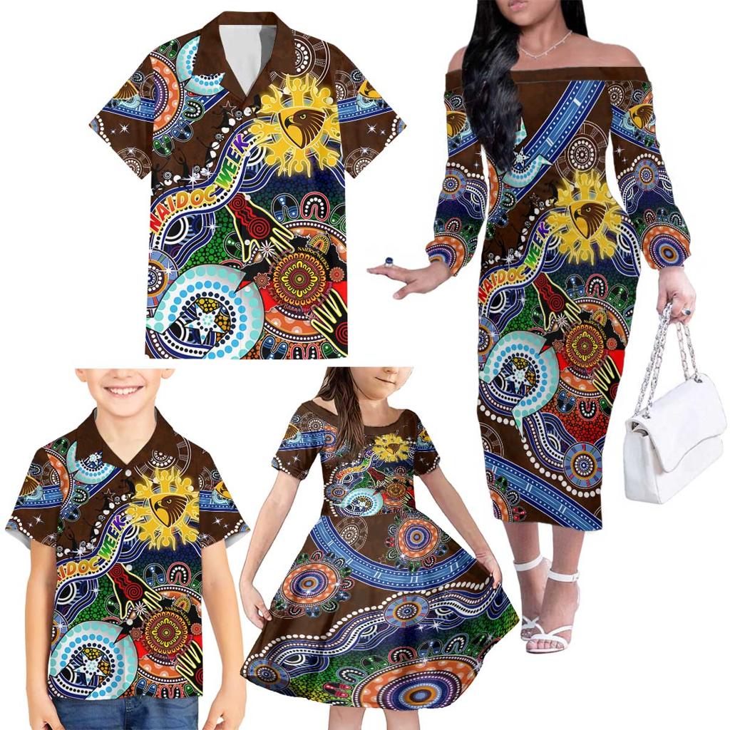 Custom NAIDOC Week 2024 Hawthorn Hawks Family Matching Off The Shoulder Long Sleeve Dress and Hawaiian Shirt Australia Aboriginal Dot Painting
