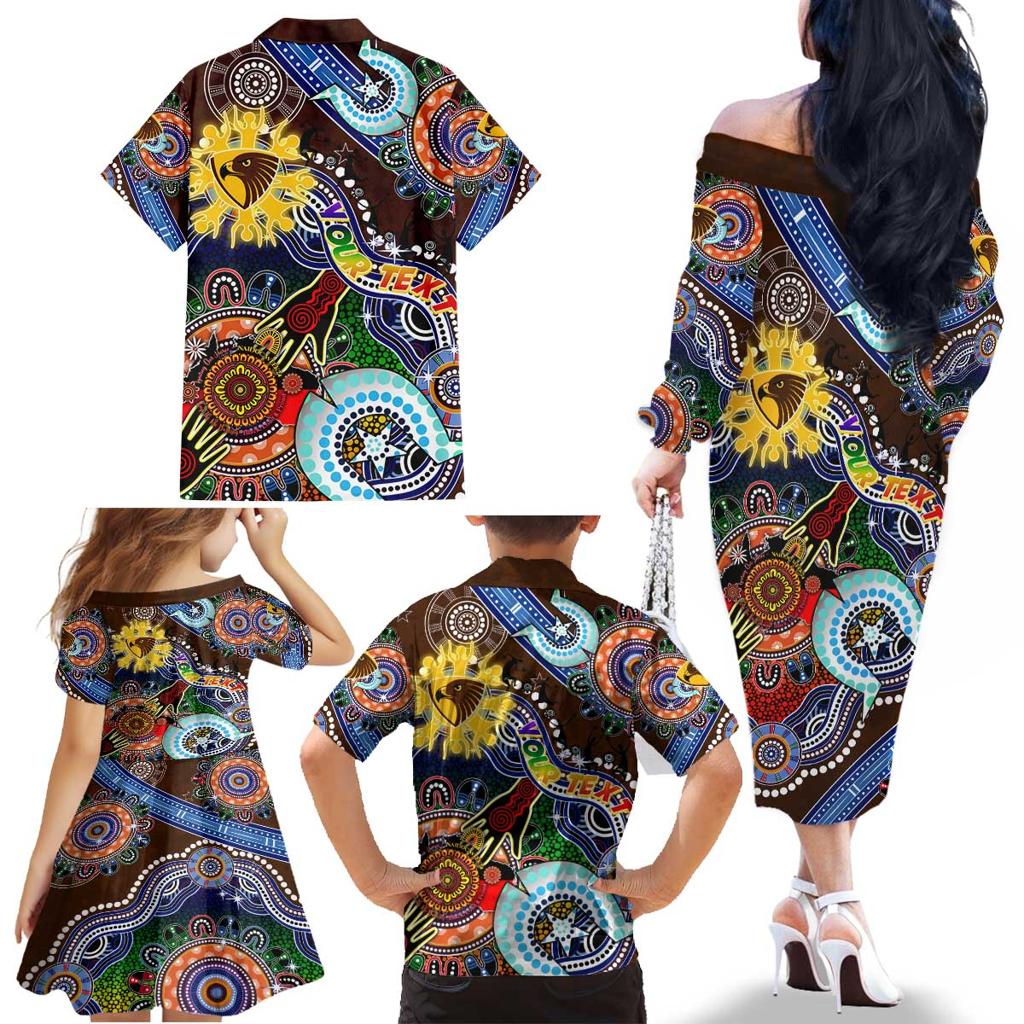 Custom NAIDOC Week 2024 Hawthorn Hawks Family Matching Off The Shoulder Long Sleeve Dress and Hawaiian Shirt Australia Aboriginal Dot Painting