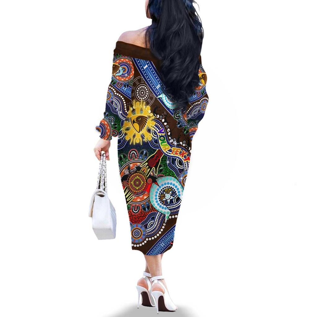 Custom NAIDOC Week 2024 Hawthorn Hawks Family Matching Off The Shoulder Long Sleeve Dress and Hawaiian Shirt Australia Aboriginal Dot Painting