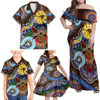 Custom NAIDOC Week 2024 Hawthorn Hawks Family Matching Off Shoulder Maxi Dress and Hawaiian Shirt Australia Aboriginal Dot Painting