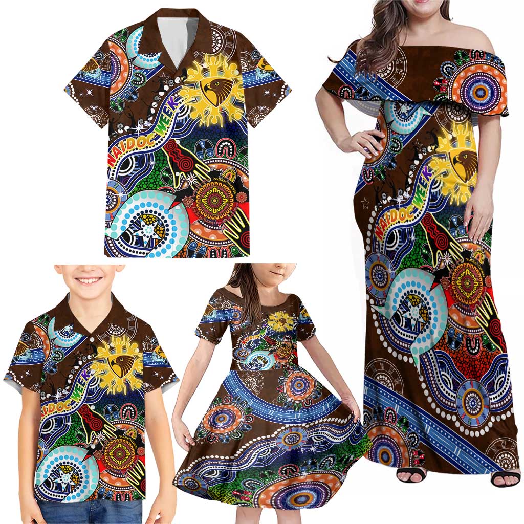 Custom NAIDOC Week 2024 Hawthorn Hawks Family Matching Off Shoulder Maxi Dress and Hawaiian Shirt Australia Aboriginal Dot Painting
