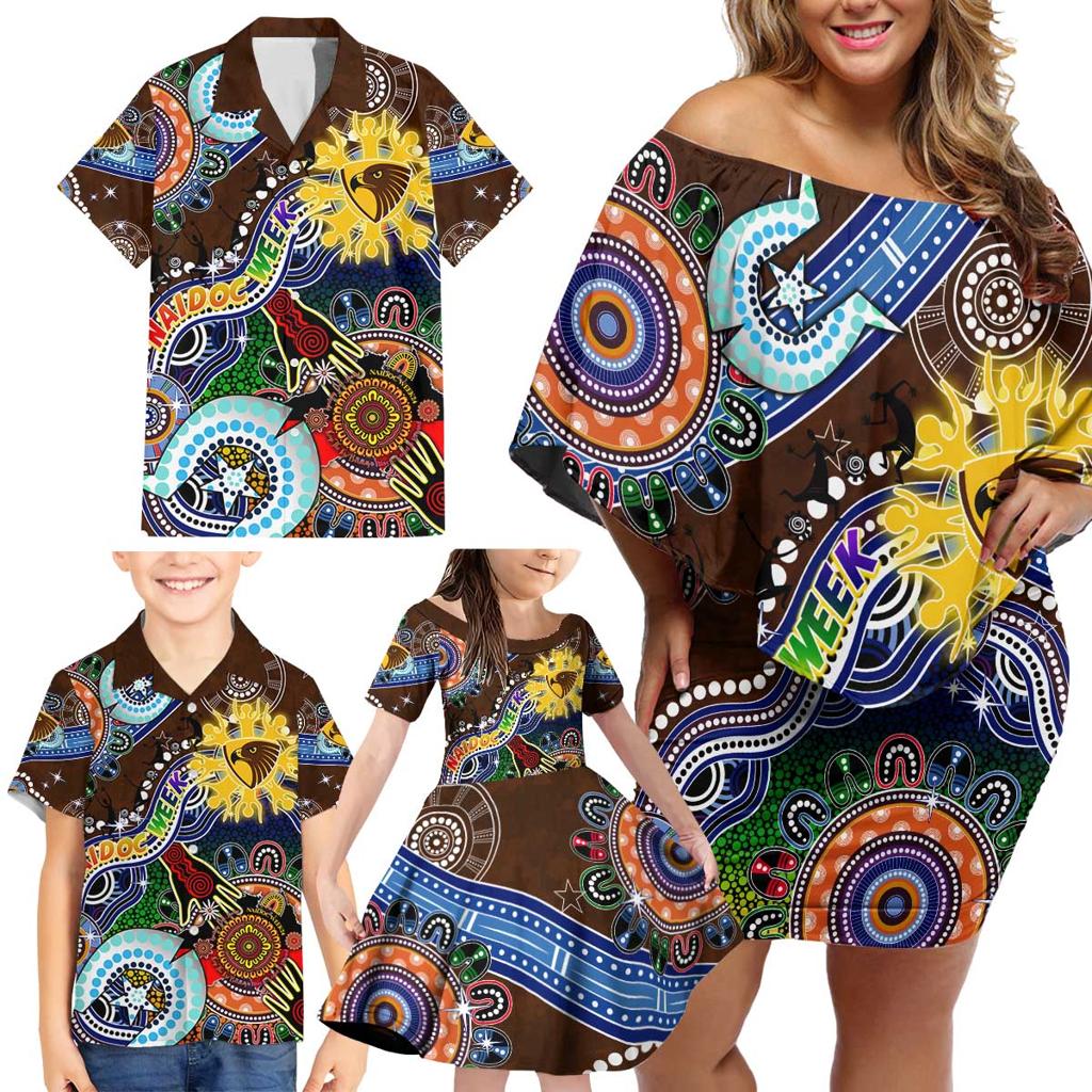 Custom NAIDOC Week 2024 Hawthorn Hawks Family Matching Off Shoulder Short Dress and Hawaiian Shirt Australia Aboriginal Dot Painting