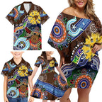 Custom NAIDOC Week 2024 Hawthorn Hawks Family Matching Off Shoulder Short Dress and Hawaiian Shirt Australia Aboriginal Dot Painting
