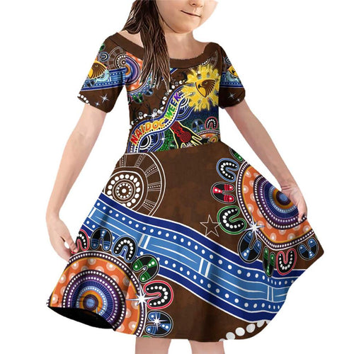 Custom NAIDOC Week 2024 Hawthorn Hawks Family Matching Off Shoulder Short Dress and Hawaiian Shirt Australia Aboriginal Dot Painting