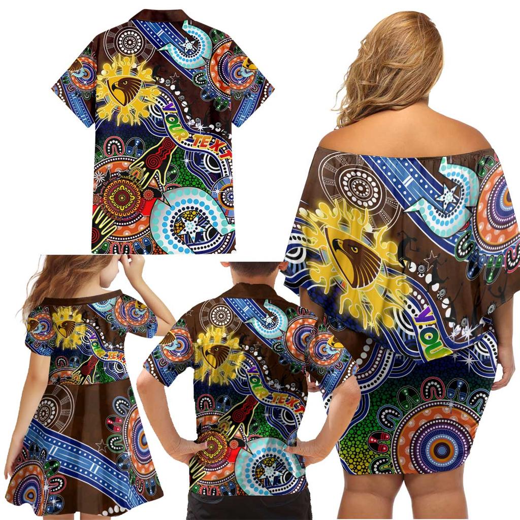 Custom NAIDOC Week 2024 Hawthorn Hawks Family Matching Off Shoulder Short Dress and Hawaiian Shirt Australia Aboriginal Dot Painting