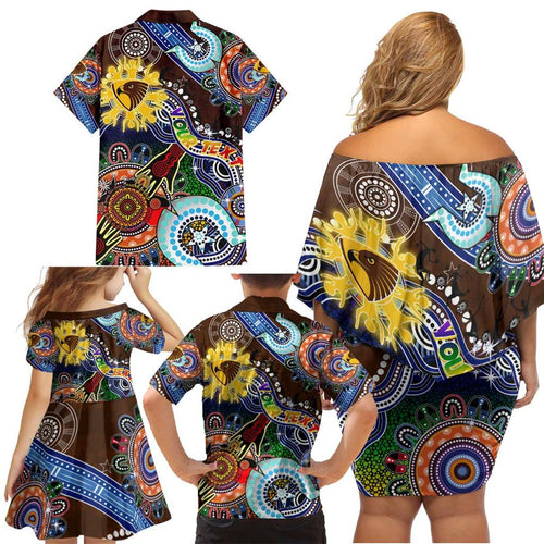 Custom NAIDOC Week 2024 Hawthorn Hawks Family Matching Off Shoulder Short Dress and Hawaiian Shirt Australia Aboriginal Dot Painting