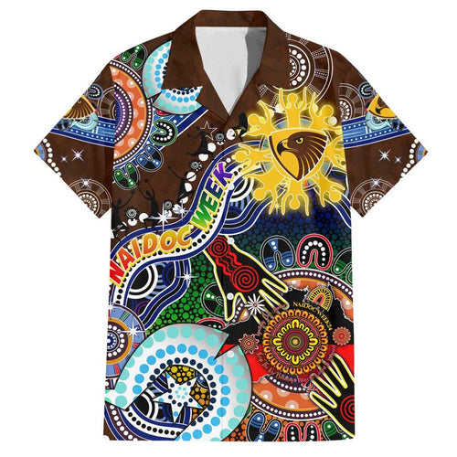 Custom NAIDOC Week 2024 Hawthorn Hawks Family Matching Off Shoulder Short Dress and Hawaiian Shirt Australia Aboriginal Dot Painting