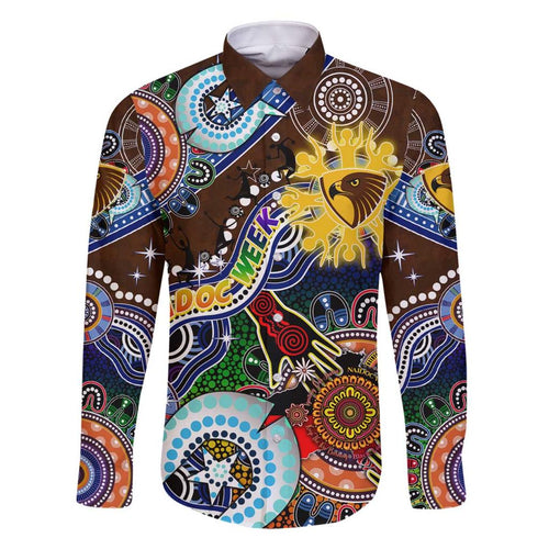 Custom NAIDOC Week 2024 Hawthorn Hawks Family Matching Off Shoulder Short Dress and Hawaiian Shirt Australia Aboriginal Dot Painting