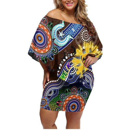 Custom NAIDOC Week 2024 Hawthorn Hawks Family Matching Off Shoulder Short Dress and Hawaiian Shirt Australia Aboriginal Dot Painting