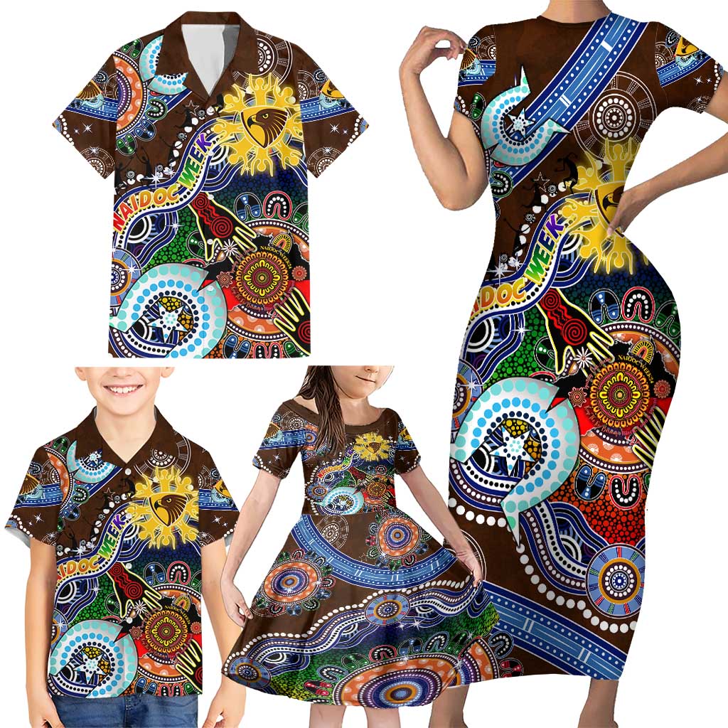 Custom NAIDOC Week 2024 Hawthorn Hawks Family Matching Short Sleeve Bodycon Dress and Hawaiian Shirt Australia Aboriginal Dot Painting