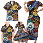 Custom NAIDOC Week 2024 Hawthorn Hawks Family Matching Short Sleeve Bodycon Dress and Hawaiian Shirt Australia Aboriginal Dot Painting