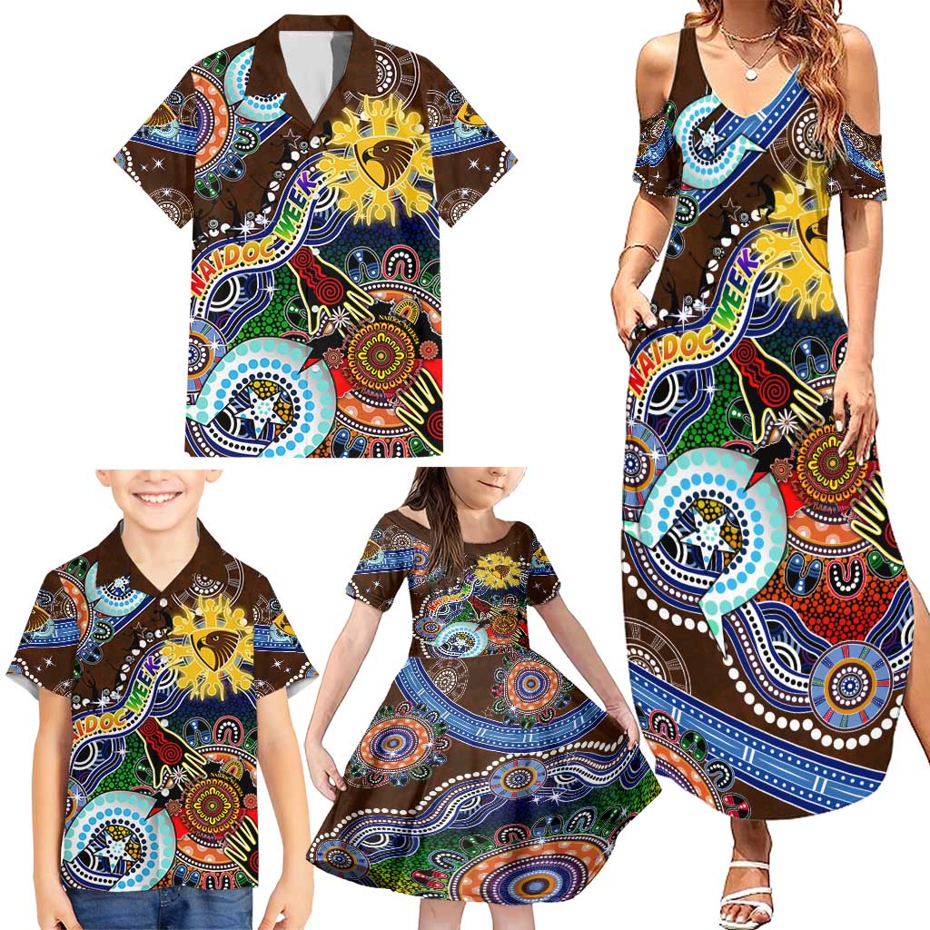 Custom NAIDOC Week 2024 Hawthorn Hawks Family Matching Summer Maxi Dress and Hawaiian Shirt Australia Aboriginal Dot Painting