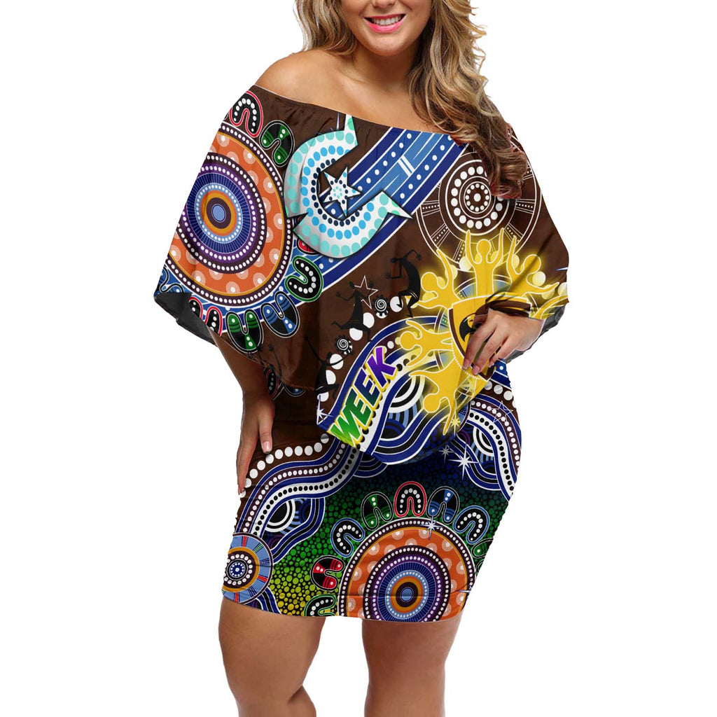 Custom NAIDOC Week 2024 Hawthorn Hawks Off Shoulder Short Dress Australia Aboriginal Dot Painting