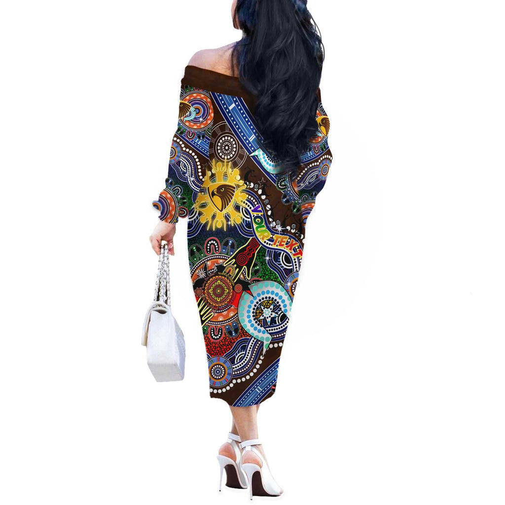 Custom NAIDOC Week 2024 Hawthorn Hawks Off The Shoulder Long Sleeve Dress Australia Aboriginal Dot Painting