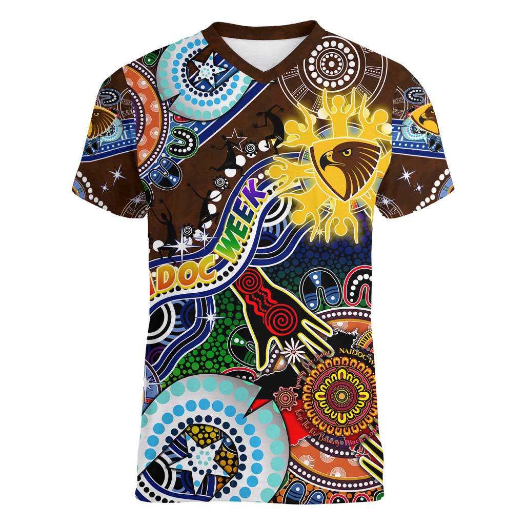 Custom NAIDOC Week 2024 Hawthorn Hawks Women V-Neck T-Shirt Australia Aboriginal Dot Painting