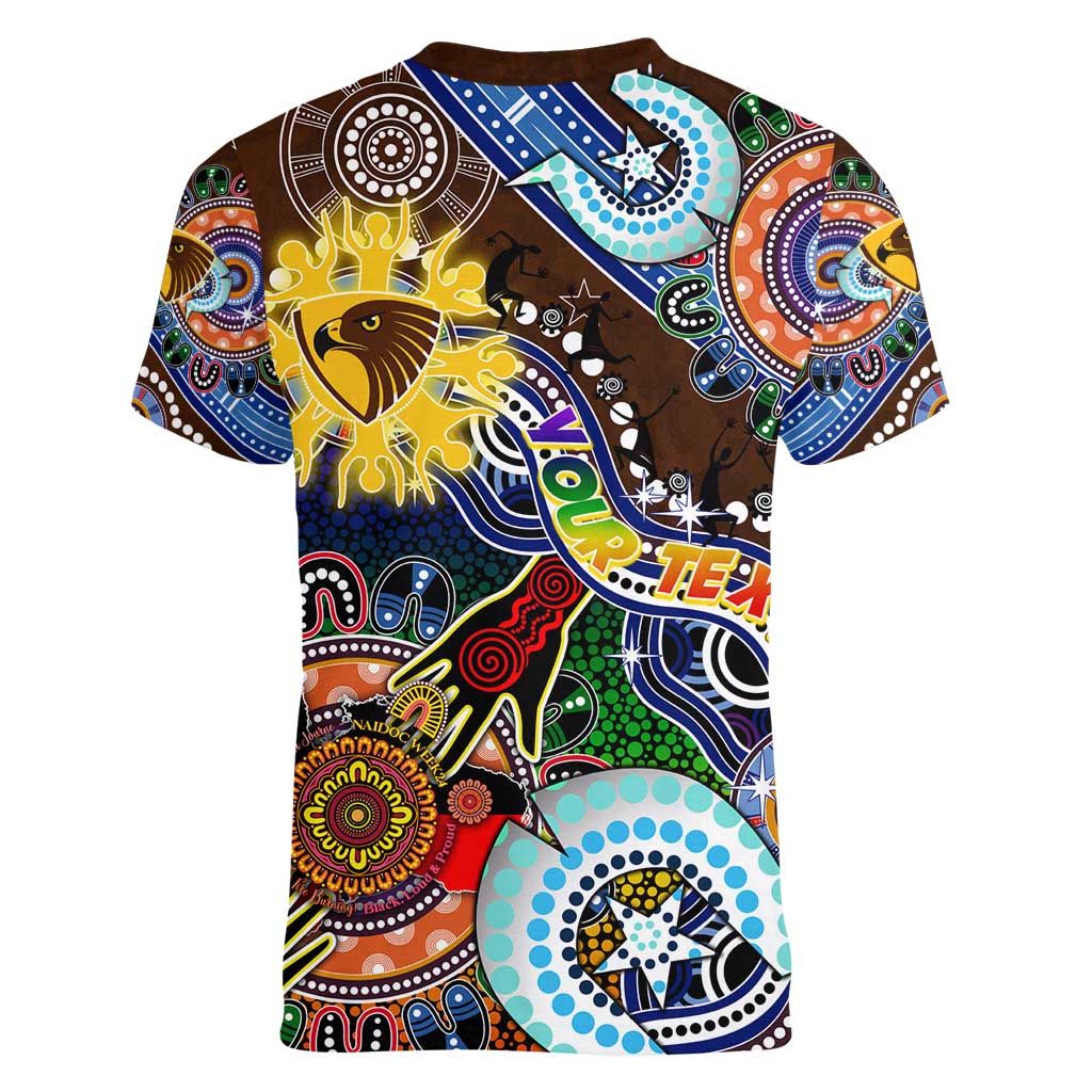 Custom NAIDOC Week 2024 Hawthorn Hawks Women V-Neck T-Shirt Australia Aboriginal Dot Painting
