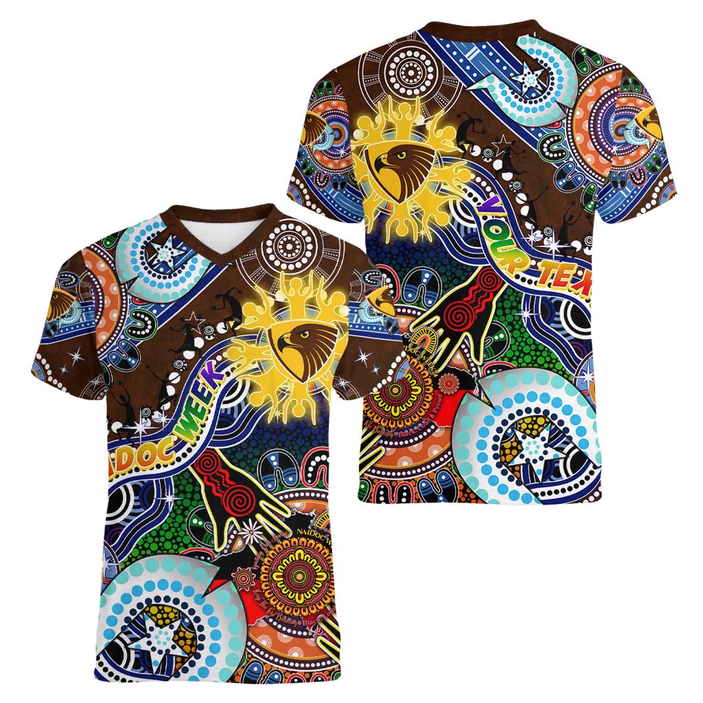 Custom NAIDOC Week 2024 Hawthorn Hawks Women V-Neck T-Shirt Australia Aboriginal Dot Painting