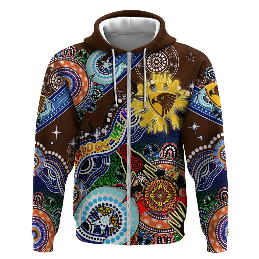 Custom NAIDOC Week 2024 Hawthorn Hawks Zip Hoodie Australia Aboriginal Dot Painting