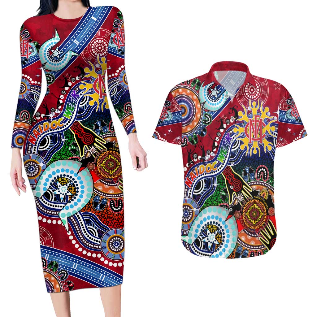 Custom NAIDOC Week 2024 Melbourne Demons Couples Matching Long Sleeve Bodycon Dress and Hawaiian Shirt Australia Aboriginal Dot Painting
