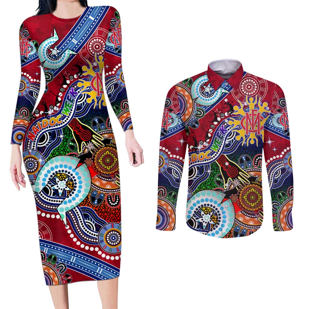 Custom NAIDOC Week 2024 Melbourne Demons Couples Matching Long Sleeve Bodycon Dress and Long Sleeve Button Shirt Australia Aboriginal Dot Painting