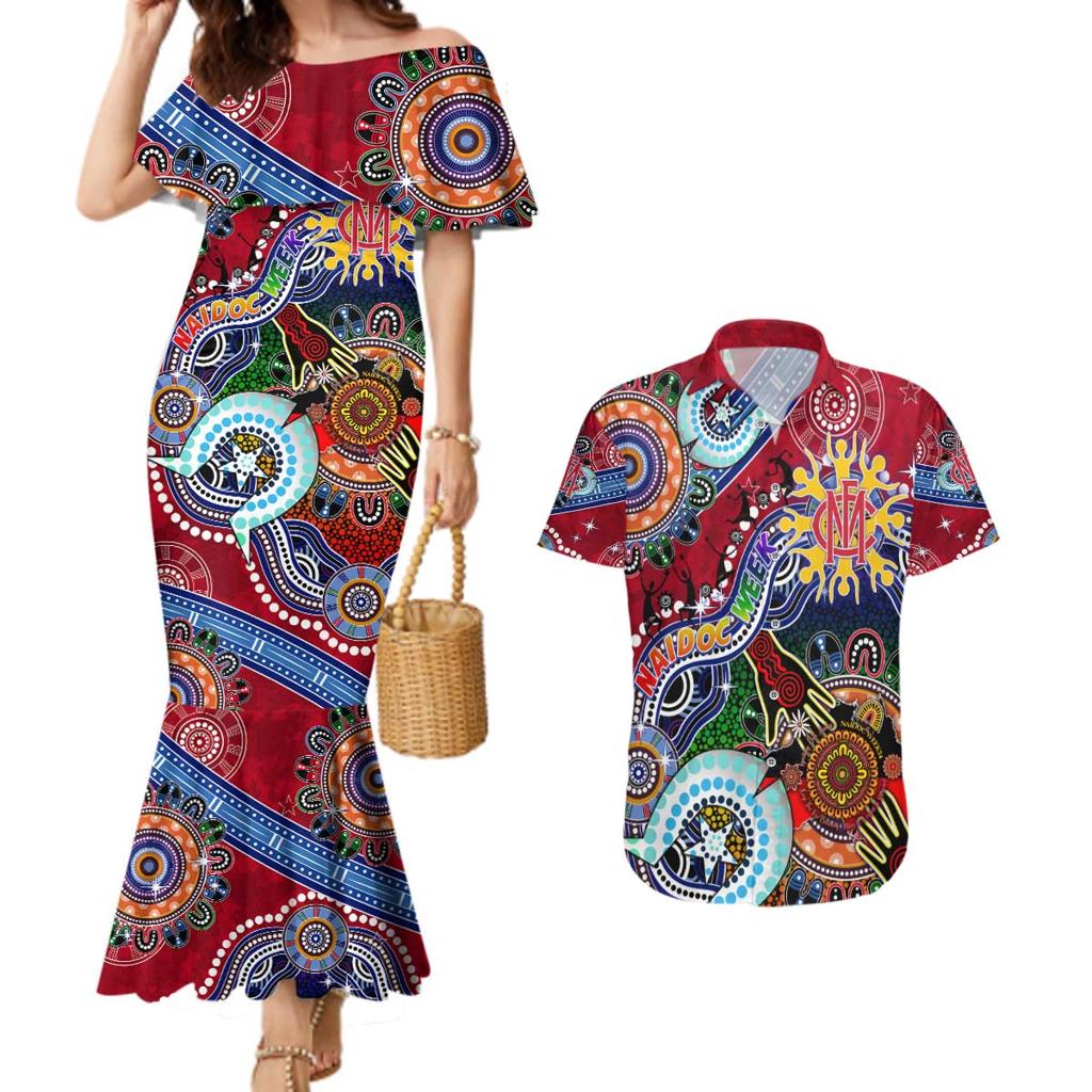 Custom NAIDOC Week 2024 Melbourne Demons Couples Matching Mermaid Dress and Hawaiian Shirt Australia Aboriginal Dot Painting